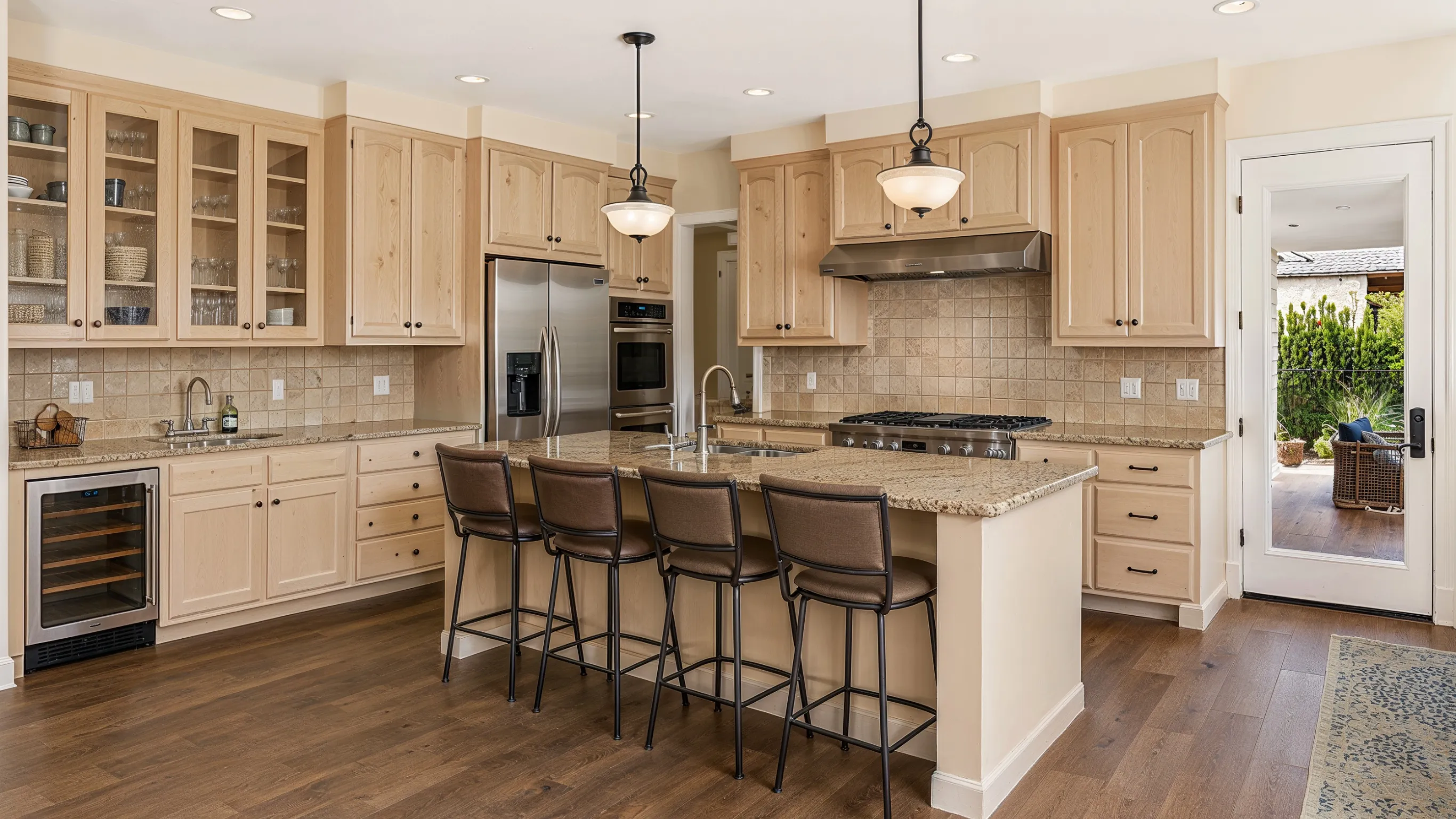 Before photo of kitchen remodeling project in Los Angeles with older wood cabinets, tan tile backsplash, granite counters, pendant lights, and dated kitchen layout